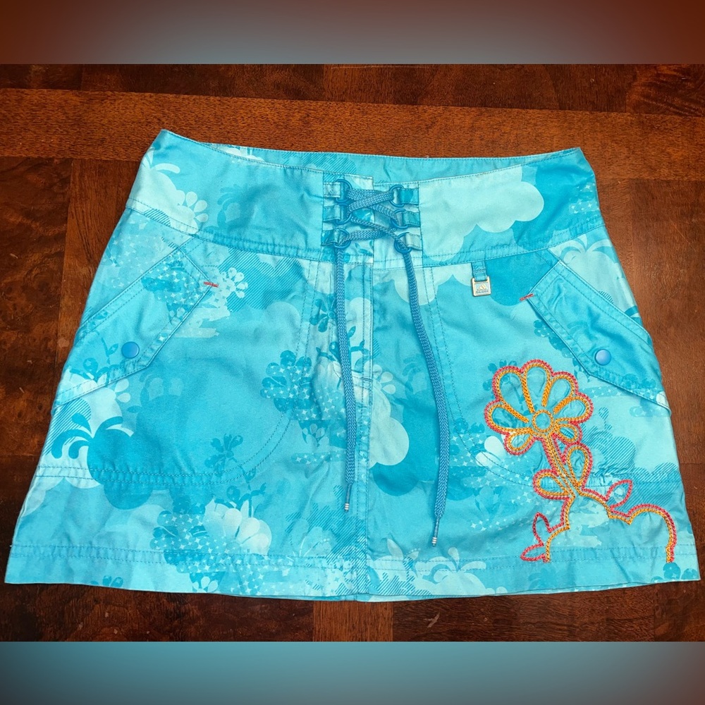 VTG Y2K Adidas Mini Skirt XS Turquoise Floral Embroidered Flower Drawstring Rare